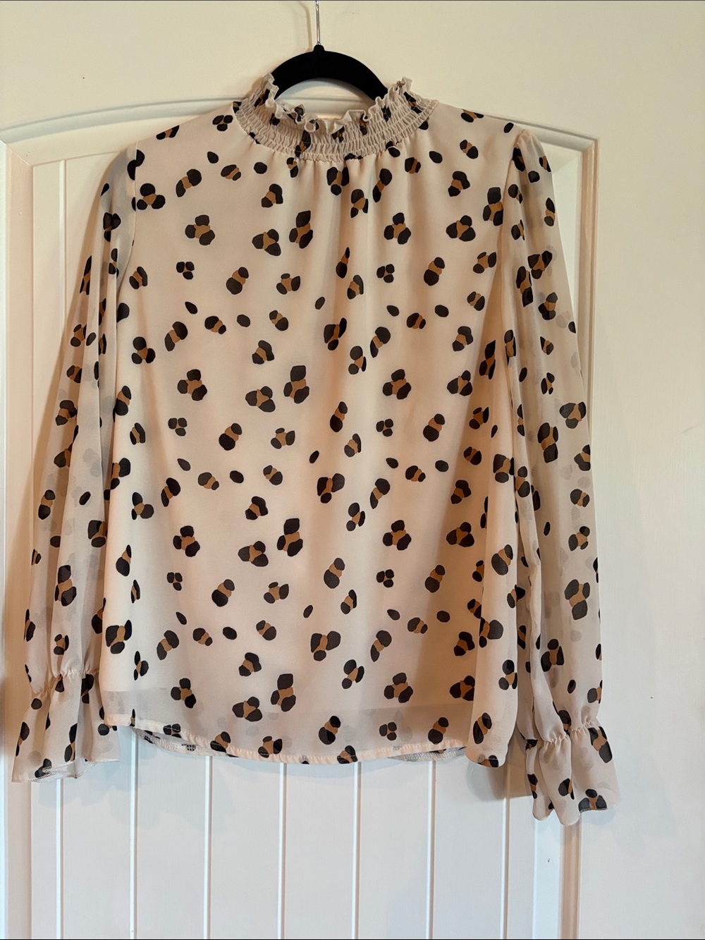 SHEIN Cream Leopard Spot Ruffle Neck Blouse